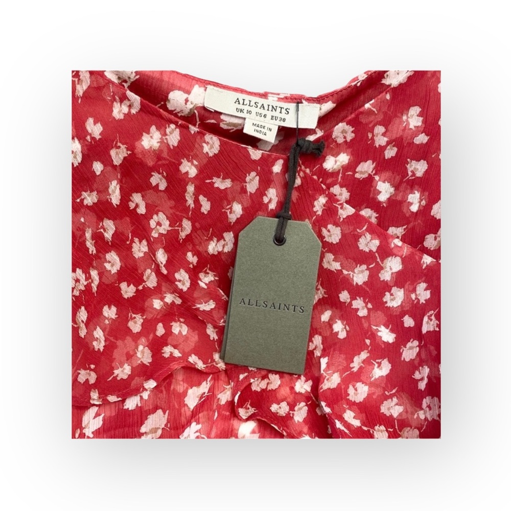 new Allsaints ꕥ Off Shoulder Ruffled Silk Floral Print Top ꕥ Red ꕥ Wear 2 Ways - Picture 4 of 16